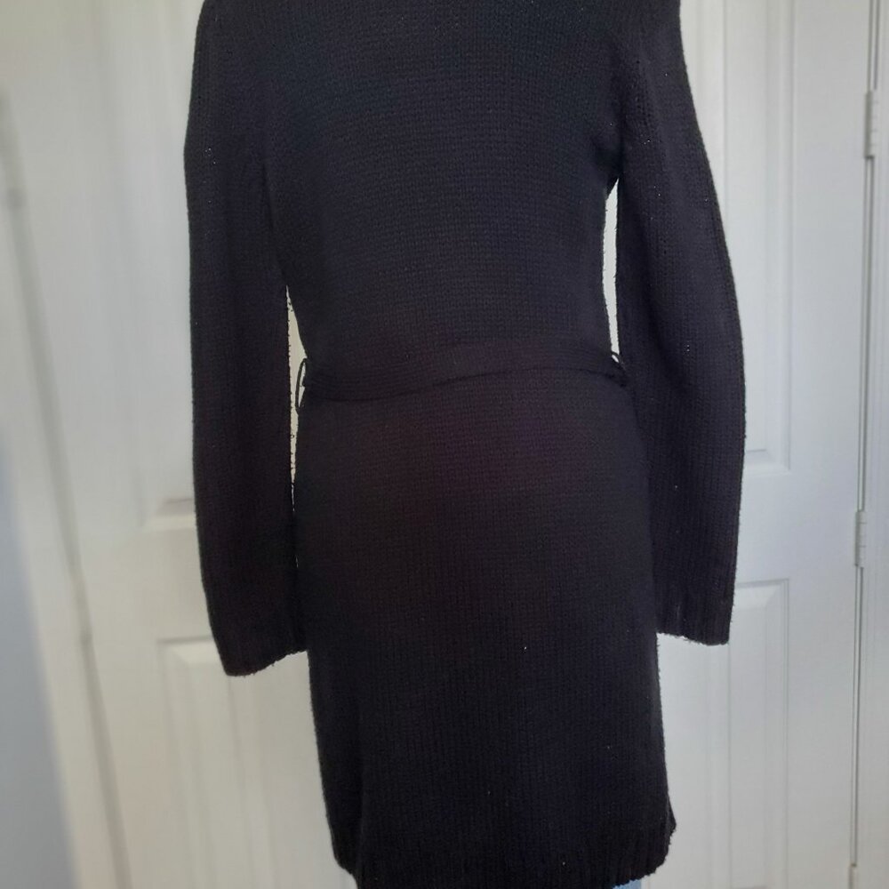 New York & Co - Cable Long Sleeve Tie Waist Cardigan Seater Coat Black - Picture 5 of 7